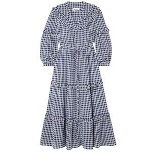 Cefinn Suki Ruffled Seersucker Midi Dress Size 10 Blue Plaid Organic Cotton